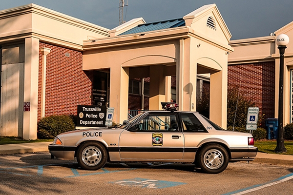 1990 SSP Trussville Police Mustang - This Mustang is a Ford Mustang police package car used by the City of Trussville, Alabama police department for several years. The vehicle has been restored to its original, in-service condition including correct police radio equipment, lights and decals.